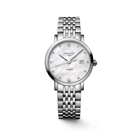 Longines - Elegant Auto. Watch S.Steel White M.O.P Dial w/Diamonds 29mm