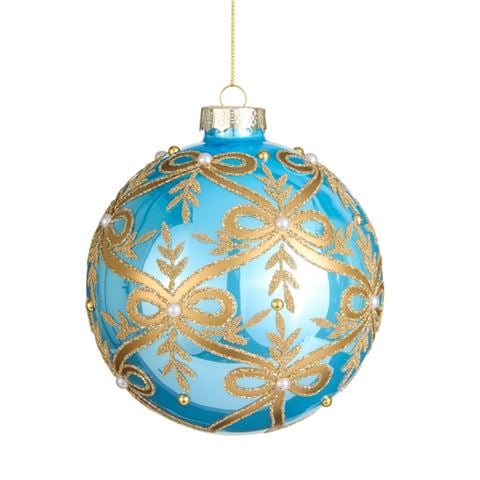 Raz Nutcracker Suite Gold Bow Blue Ball Ornament 12.5cm - Peter's of Kensington
