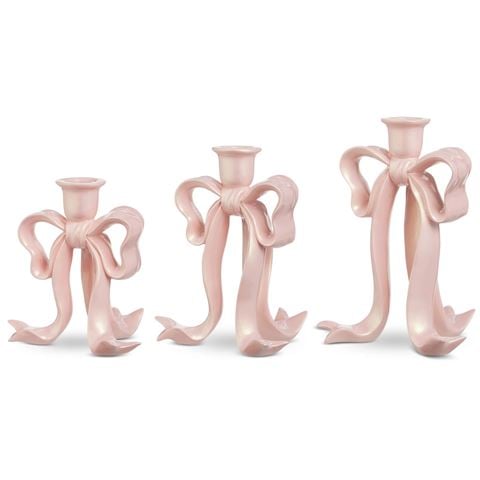 Raz - Nutcracker Suite Pink Pearlescent Bow Candlestick Set 3pce 16.5cm-23cm