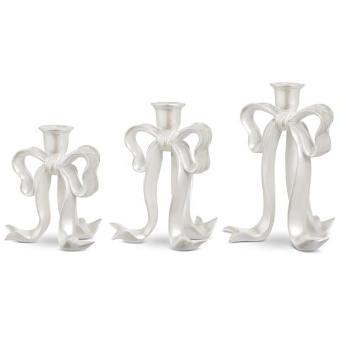 Raz Nutcracker Suite White Pearlescent Bow Candlestick Set 3pce 16.5cm-23cm - Peter's of Kensington