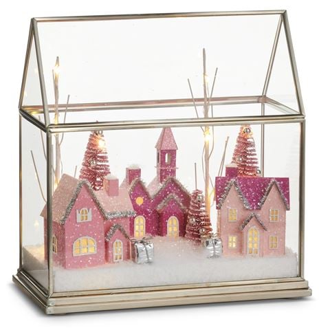 Raz Jingle & Joy Pink Snow Village Lighted Terrarium 22cm - Peter's of Kensington