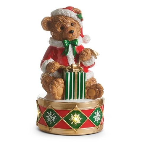 Raz Holiday Spectacular Lighted Teddy Bear on Drum 30.5cm - Peter's of Kensington