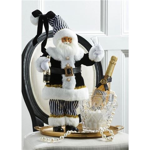 Raz - Bows & Baubles Black and White Champagne Santa 46cm