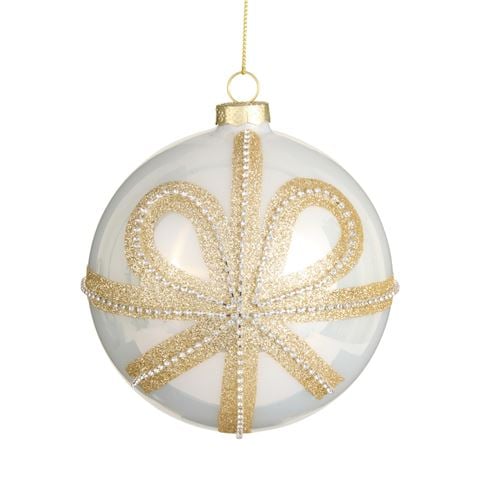 Raz Bows & Baubles Gold Bow White Ball Ornament 12cm - Peter's of Kensington