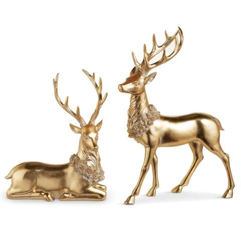 Raz - Enchanted Forest Gold Deer with Wreath Set 2pce 33cm/45cm