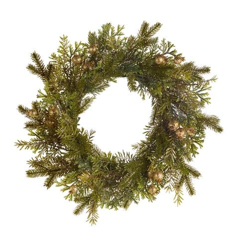 Raz - Enchanted Forest Gold Glitter Mixed Greenery Wreath with Pods 56cm