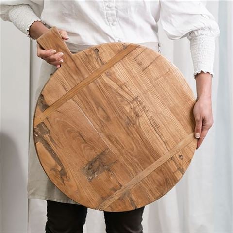 Ivory House - Round Elm Wood Serving Board with Handle Large 50cm