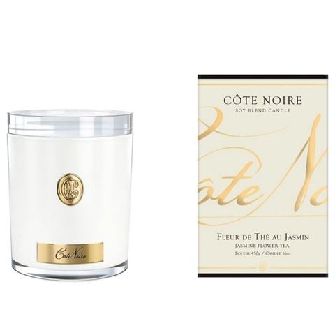 Cote Noire - Jasmine Flower Tea Candle w/white Vessel & Gold Badge 450g