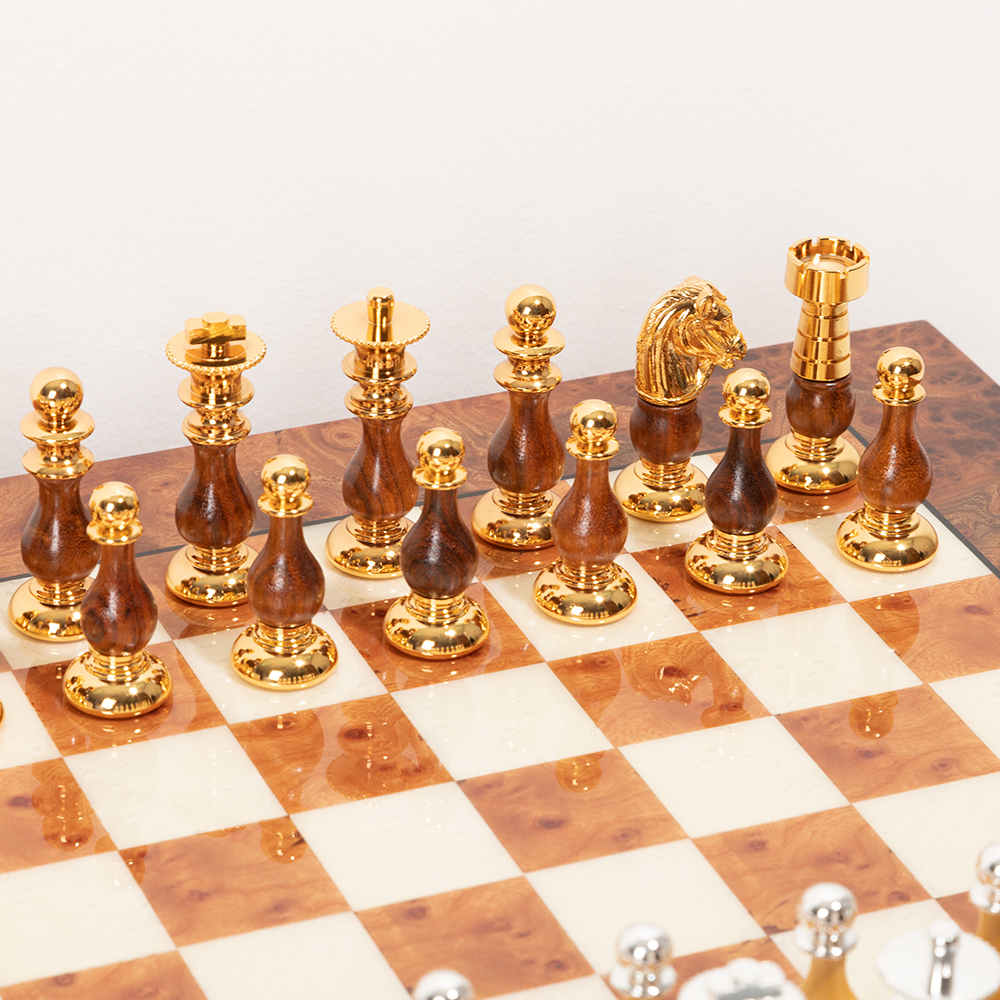 Italfama Chess Set Brass Chessmen + Elm wood Chessboard Peter's of