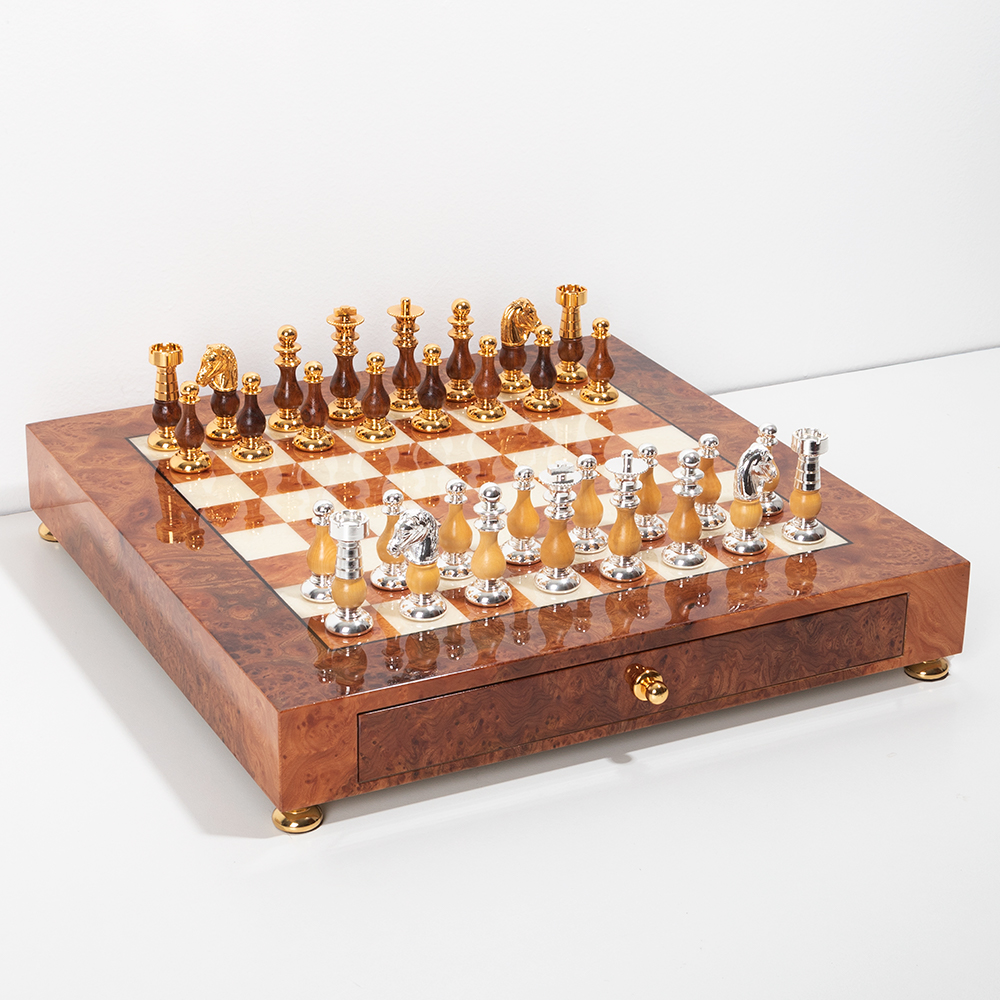 Italfama Chess Set Brass Chessmen + Elm wood Chessboard Peter's of