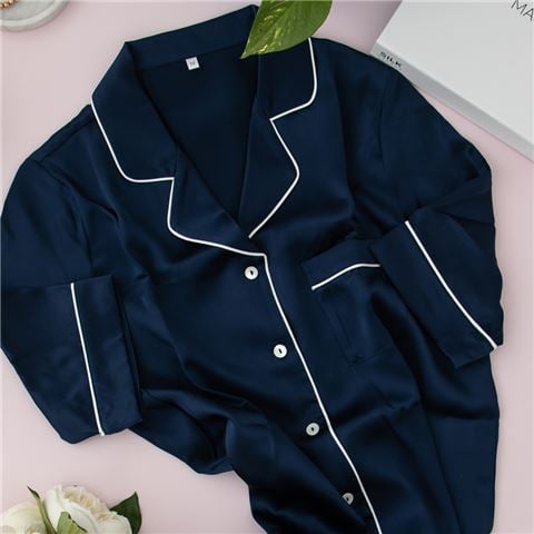Silk Magnolia Silk Nightshirt Piped In Ivory L Navy - Peter's of Kensington