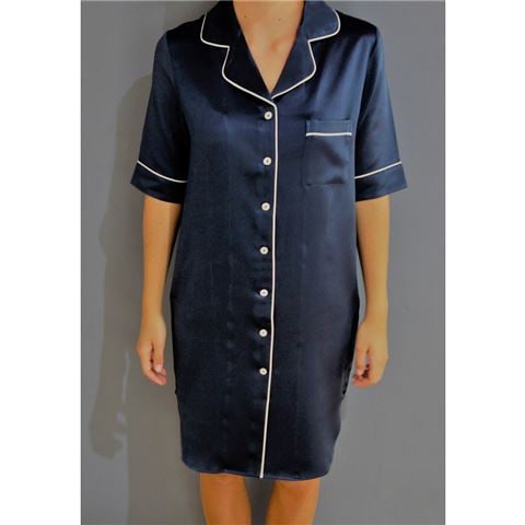 Silk Magnolia Silk Nightshirt Piped In Ivory L Navy - Peter's of Kensington