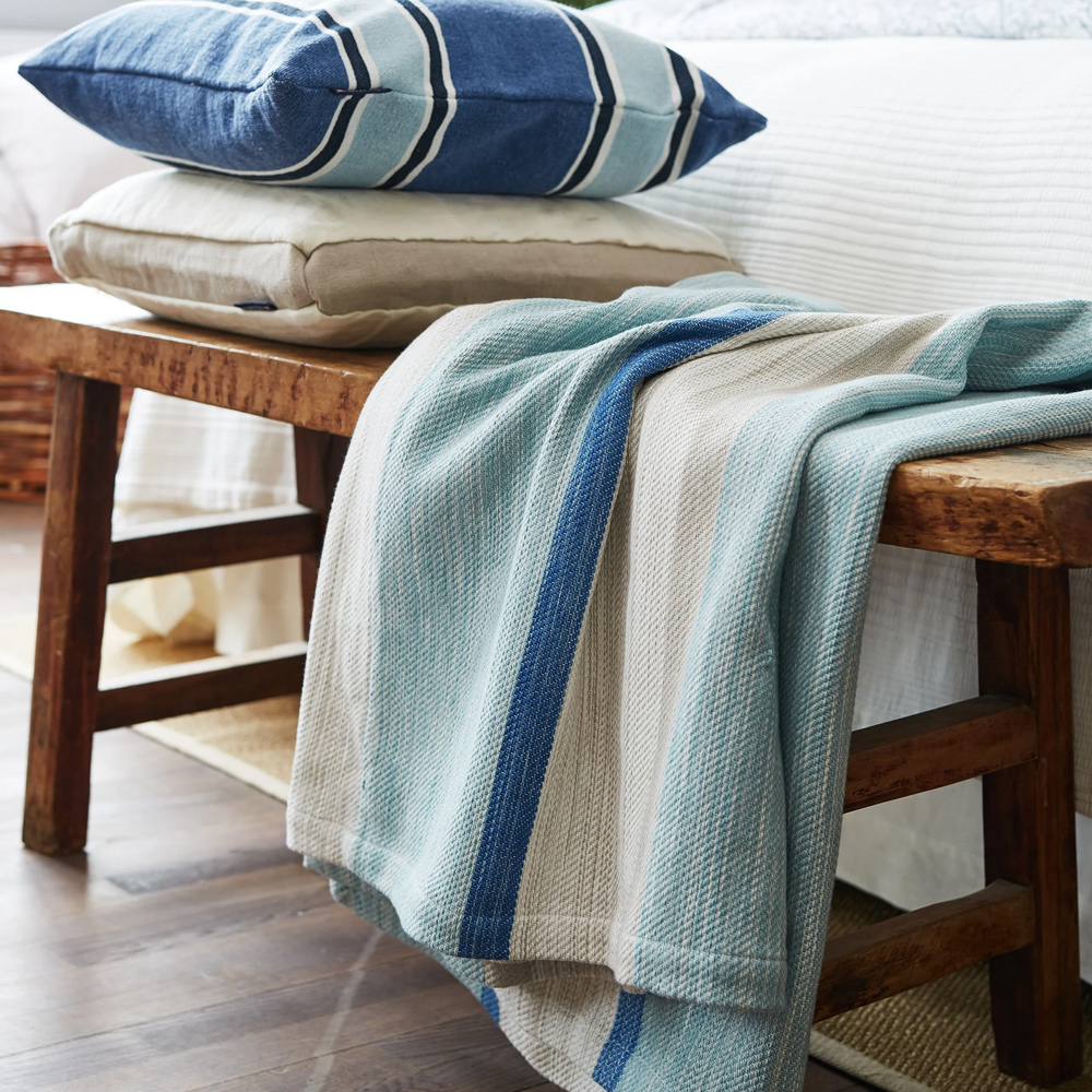 Lexington Cotton Bedspread Blue Stripe 160x240cm Peter's of Kensington