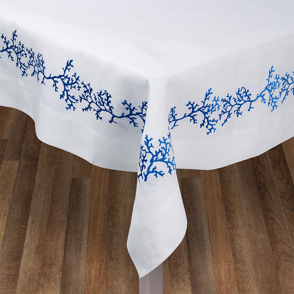 Serenk Coral Tablecloth White & Blue 160x350cm Peter's of Kensington