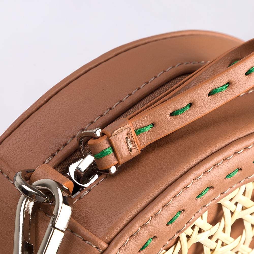 Mehry Mu Tambourine Crossbody Bag Leather & Rattan Latte Peter's of