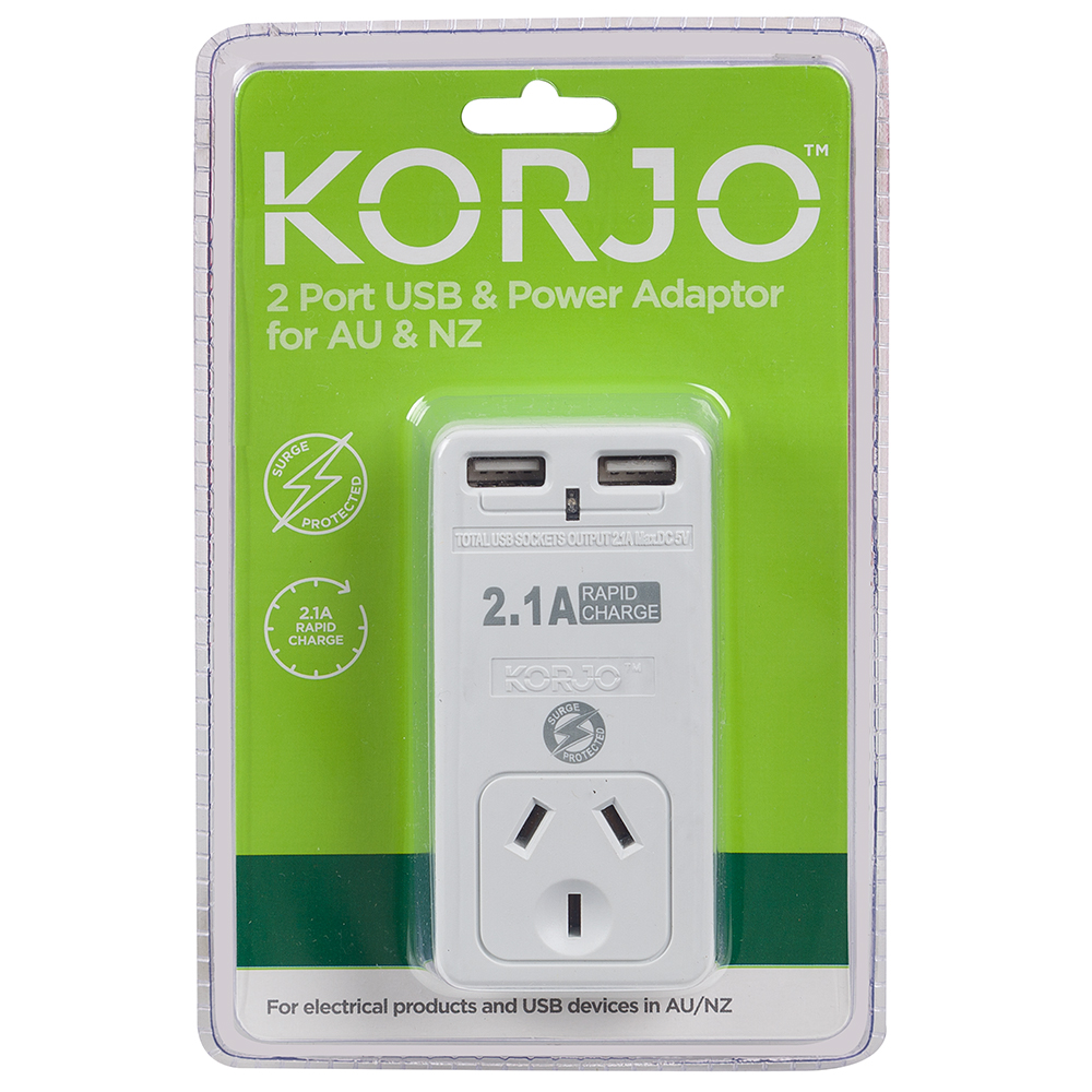 Korjo Power Two Port USB Hub Adapter Charger Wall Plug for AU AUS Australia NZ 