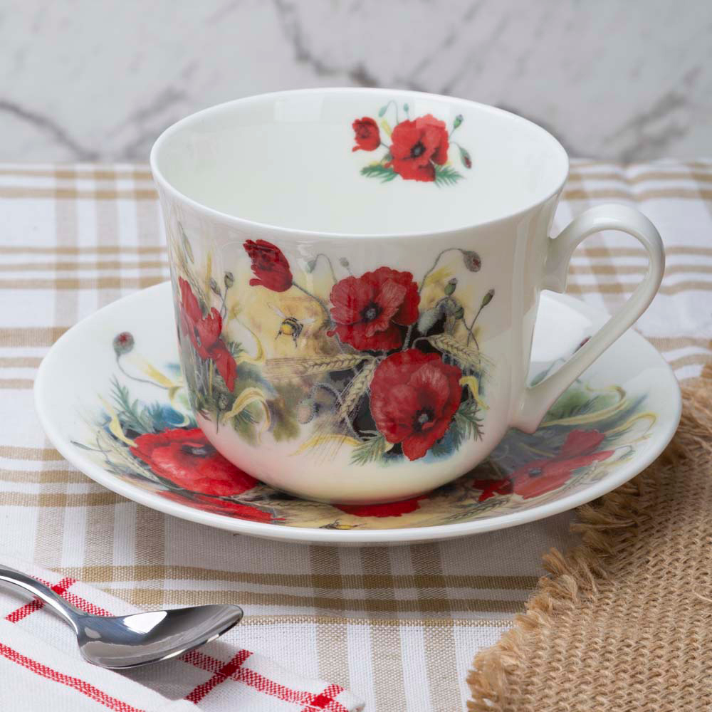 Hand Decorated Summer Poppy 14 fl oz Breakfast Cup & Saucers Choose set of 2,4 or 6 Set of 2 Breakfast Cups & Saucers Bone China