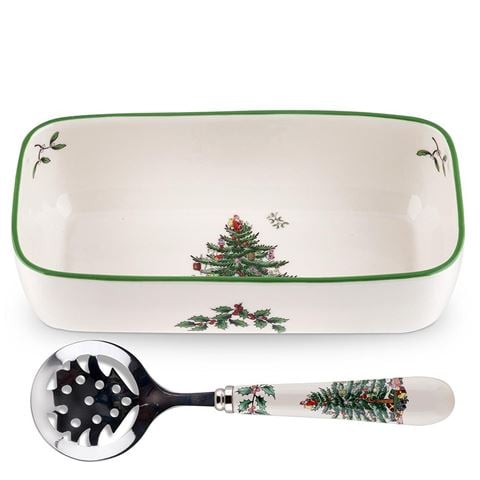 Spode - Christmas Tree Cranberry Server With Slotted Spoon