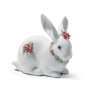Lladro - Attentive Bunny Figurine w/Red Carnations