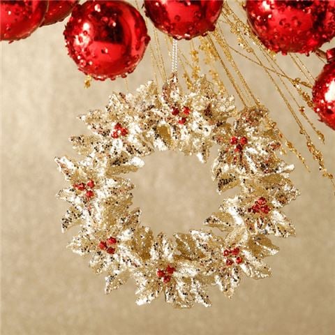 Raz - Home For The Holidays Holly Wreath Ornament Gold/Red
