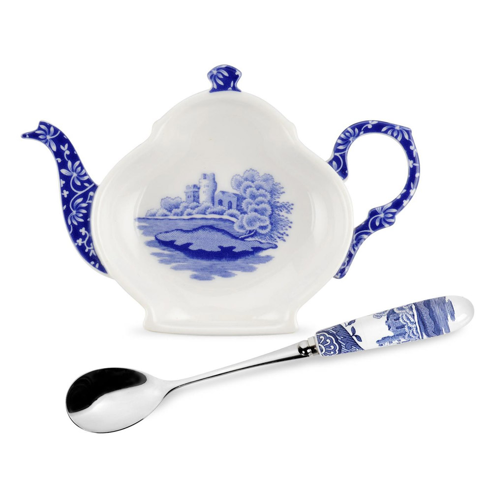Spode Blue Italian Teabag Tidy and Spoon Peter's of Kensington