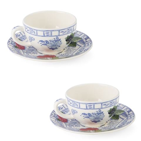 Gien - Oiseau Fruits Bleu Teacup & Saucer Set 4pce