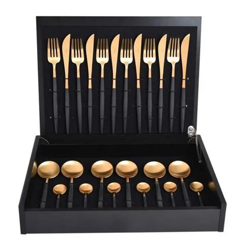 Cutipol - Goa Black & Gold Stainless Steel 24pce Cutlery Set w/Wooden ...