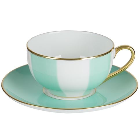 Legle Stripe Water Green Teacup & Saucer Gold Rim