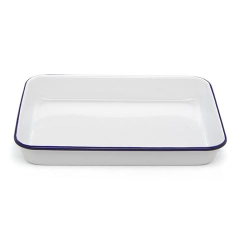 Falcon - Enamel Bake Tray Rectangular White & Blue 24cm