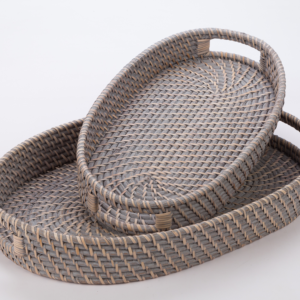 Rattan Tray Oval Greywash Set 2pce Peter's of Kensington