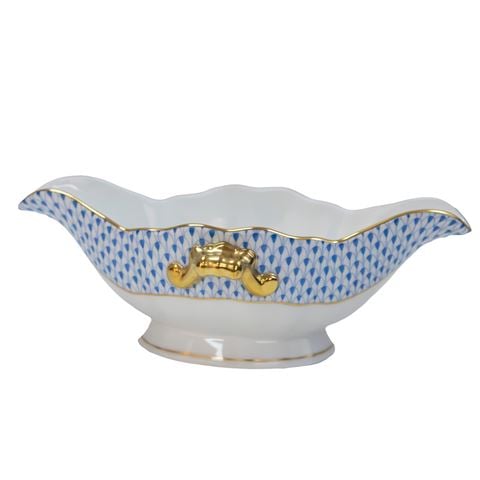 Herend - Sauce Boat w/24k Gold Accents & Blue Fishnet