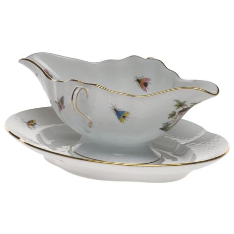 Herend Rothschild Bird Gravy Boat w/Attached Stand & 24k Gold Accents - Peter's of Kensington