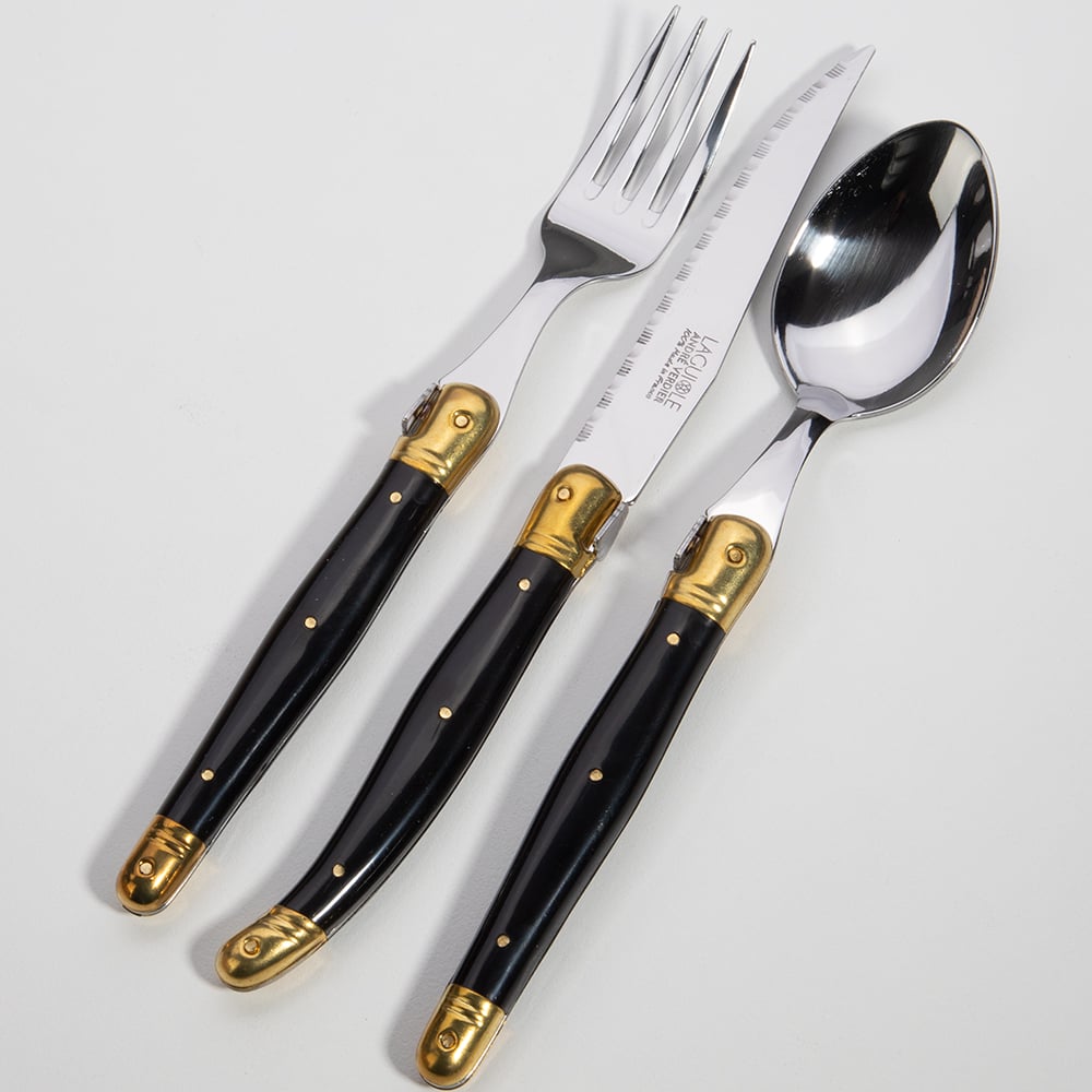 Laguiole Debutante Cutlery Black With Brass Set 24pce Peter's of Kensington