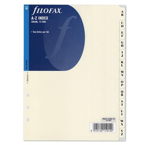Filofax A5 Cream A-Z Two Letter Index Tabs Refill - Peter's of Kensington
